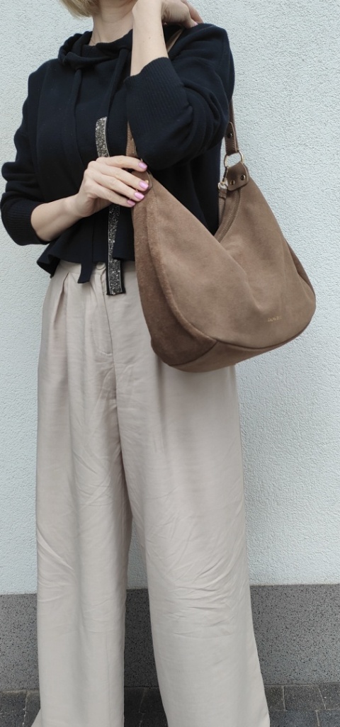 Torebka worek zamszowa Vera Pelle skóra brązowa mocha Laura Biaggi