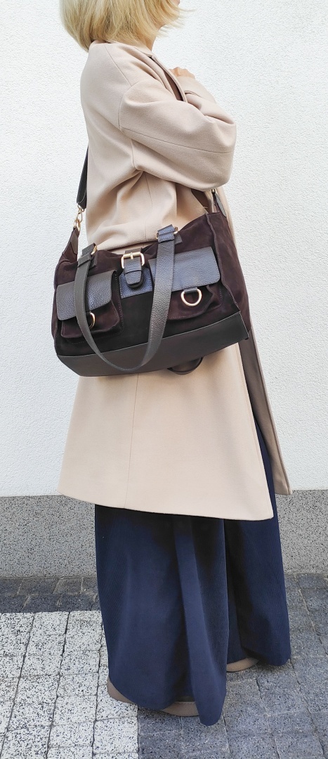 Torebka shopper zamszowa Vera Pelle skóra czekoladowa