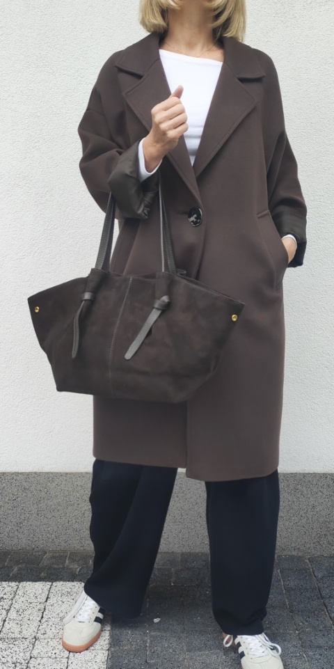 Torebka shopper zamszowa skóra brązowa czekoladowa Laura Biaggi
