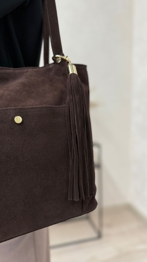 Zamszowa czekoladowa torebka shopper Laura Biaggi