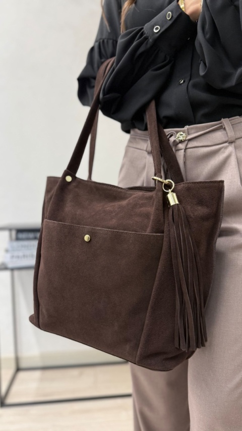 Zamszowa czekoladowa torebka shopper Laura Biaggi