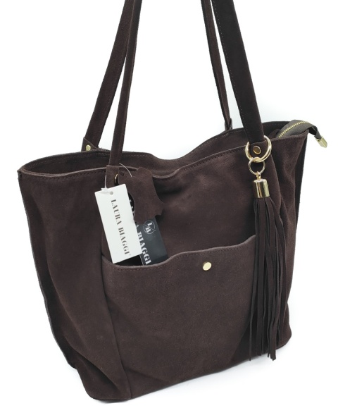 Zamszowa czekoladowa torebka shopper Laura Biaggi