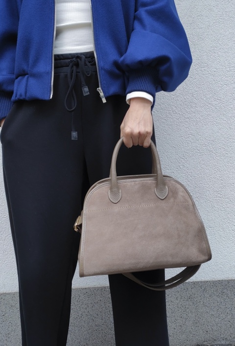 Zamszowa torebka kuferek skóra naturalna beżowa dark taupe