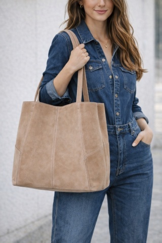 MAXI shopper torba skóra zamszowa beżowa słomkowa