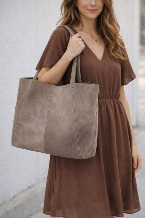 MAXI shopper torba skóra zamszowa beżowa taupe