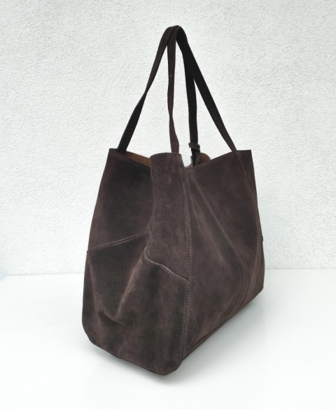 MAXI shopper torba skóra zamszowa brązowa czekoladowa