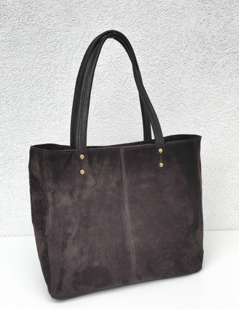 Zamszowy czekoladowy pojemny shopper do pracy szkoły