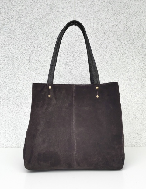 Zamszowy czekoladowy pojemny shopper do pracy szkoły