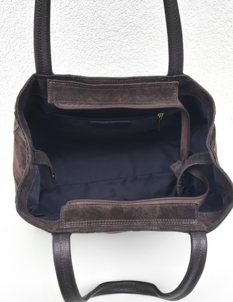 Zamszowy czekoladowy pojemny shopper do pracy szkoły