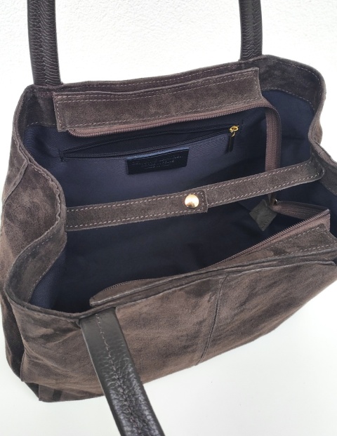 Zamszowy czekoladowy pojemny shopper do pracy szkoły