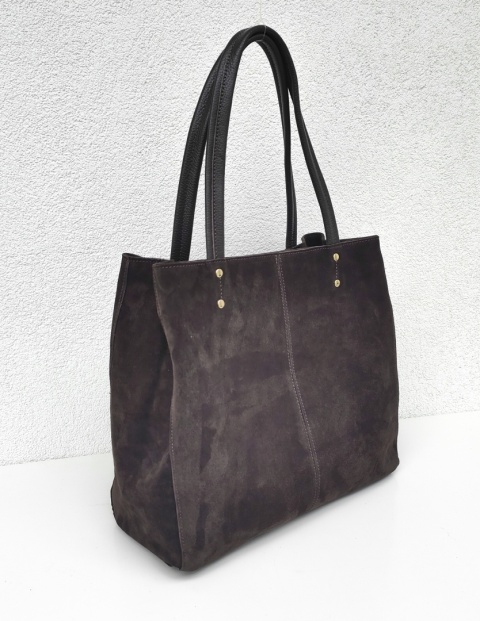 Zamszowy czekoladowy pojemny shopper do pracy szkoły