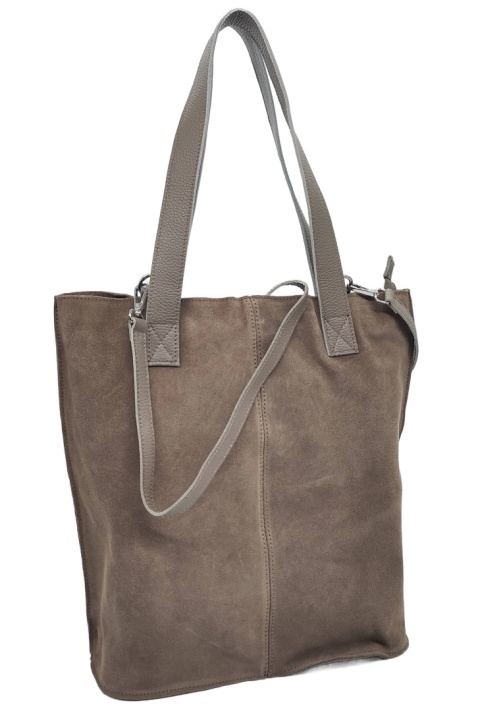 Zamszowa torebka shopper skórzana Vera Pelle beżowa taupe do pracy szkoły