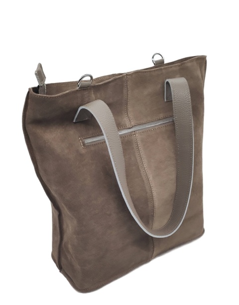 Zamszowa torebka shopper skórzana Vera Pelle beżowa taupe do pracy szkoły
