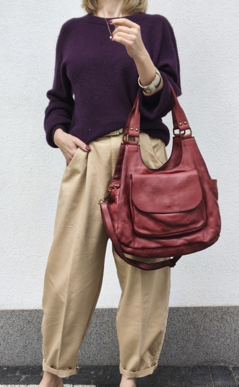 Jasno bordowa malinowa torebka worek skóra naturalna prana vintige